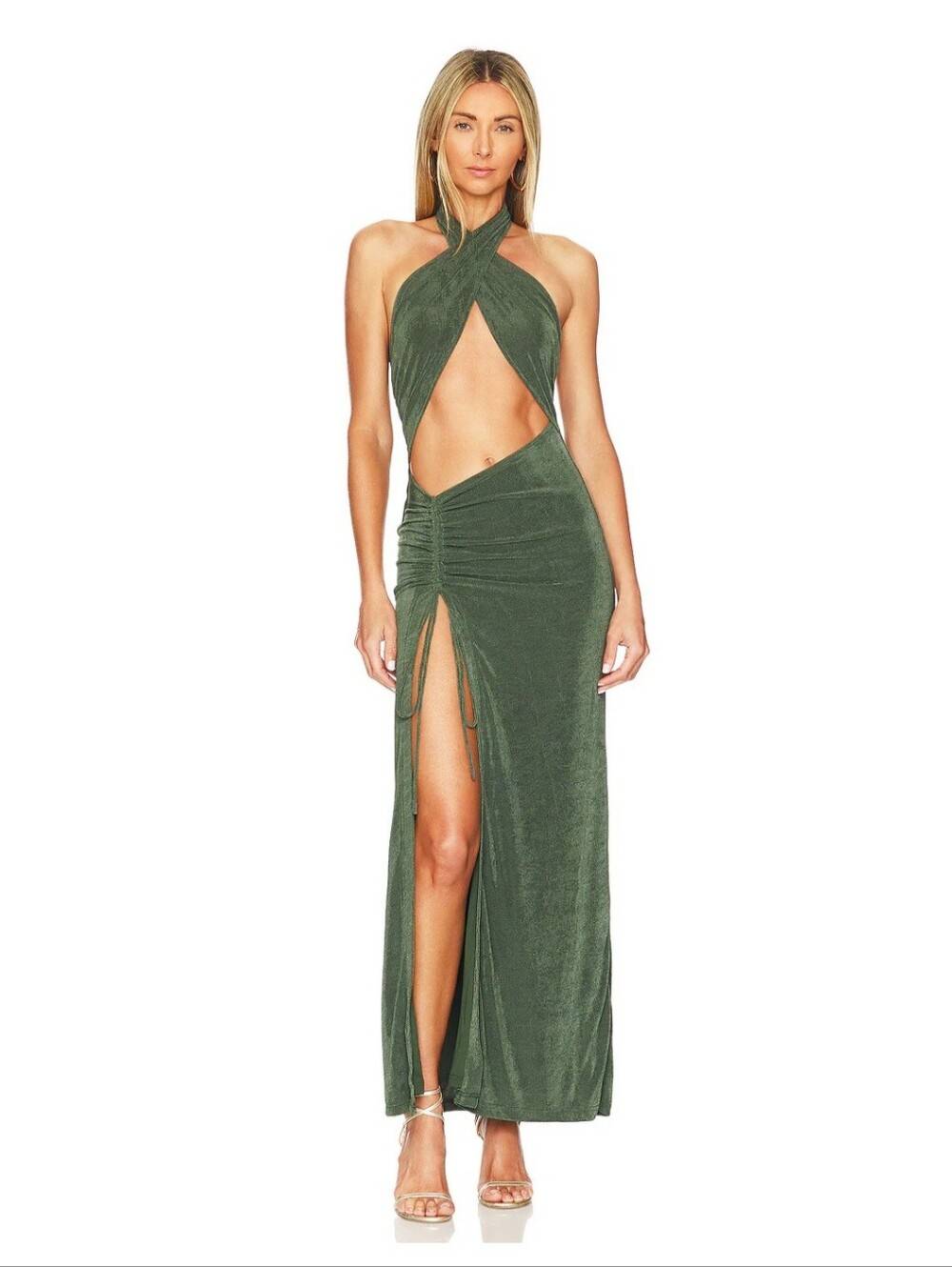 Superdown Women's Green Adele Halter Maxi Dress Ruched High Slit Size Medium.
